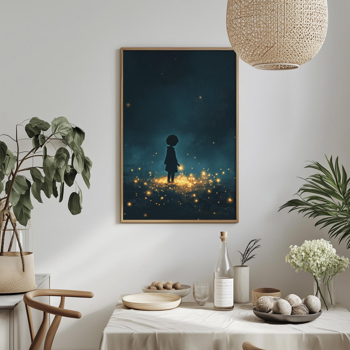 a cozy dining area with a table set for two, a potted plant, a hanging light fixture, and a framed artwork depicting a silhouetted figure standing in a starry night scene.