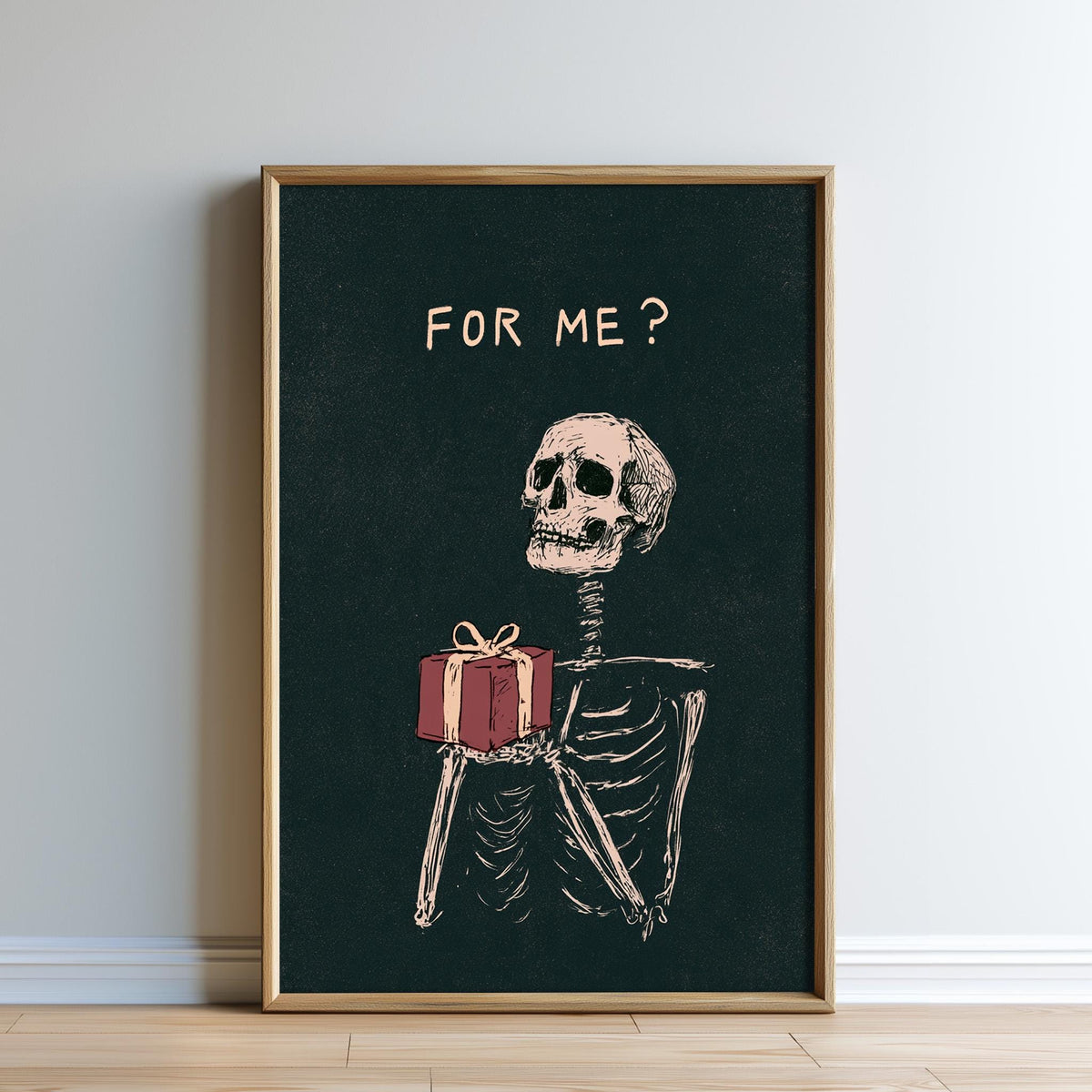 a skeleton holding a present, with the text "FOR ME?" displayed above the skeleton.