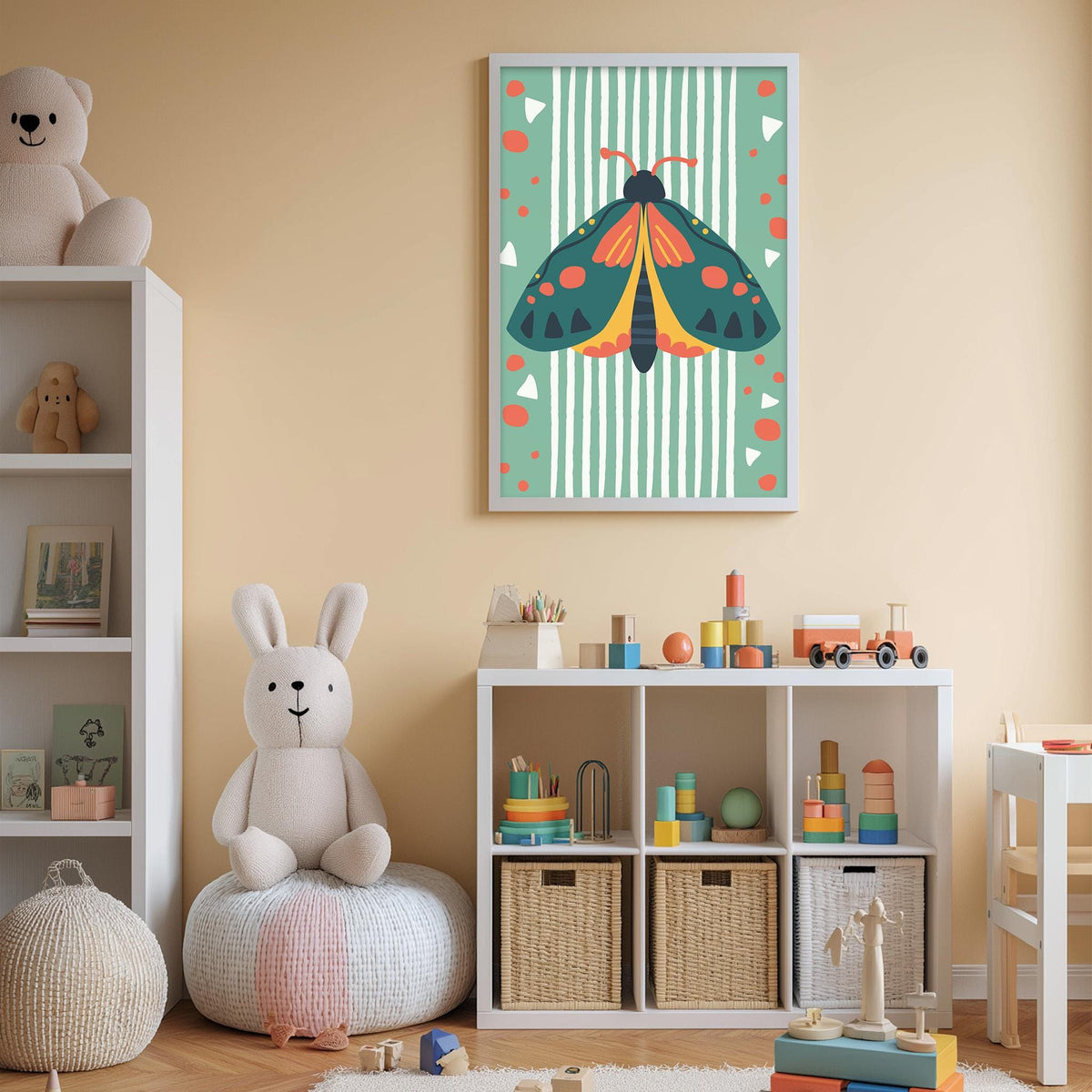 A child's bedroom with a white bookshelf, a stuffed rabbit, a colorful butterfly poster, and various toys and storage bins.