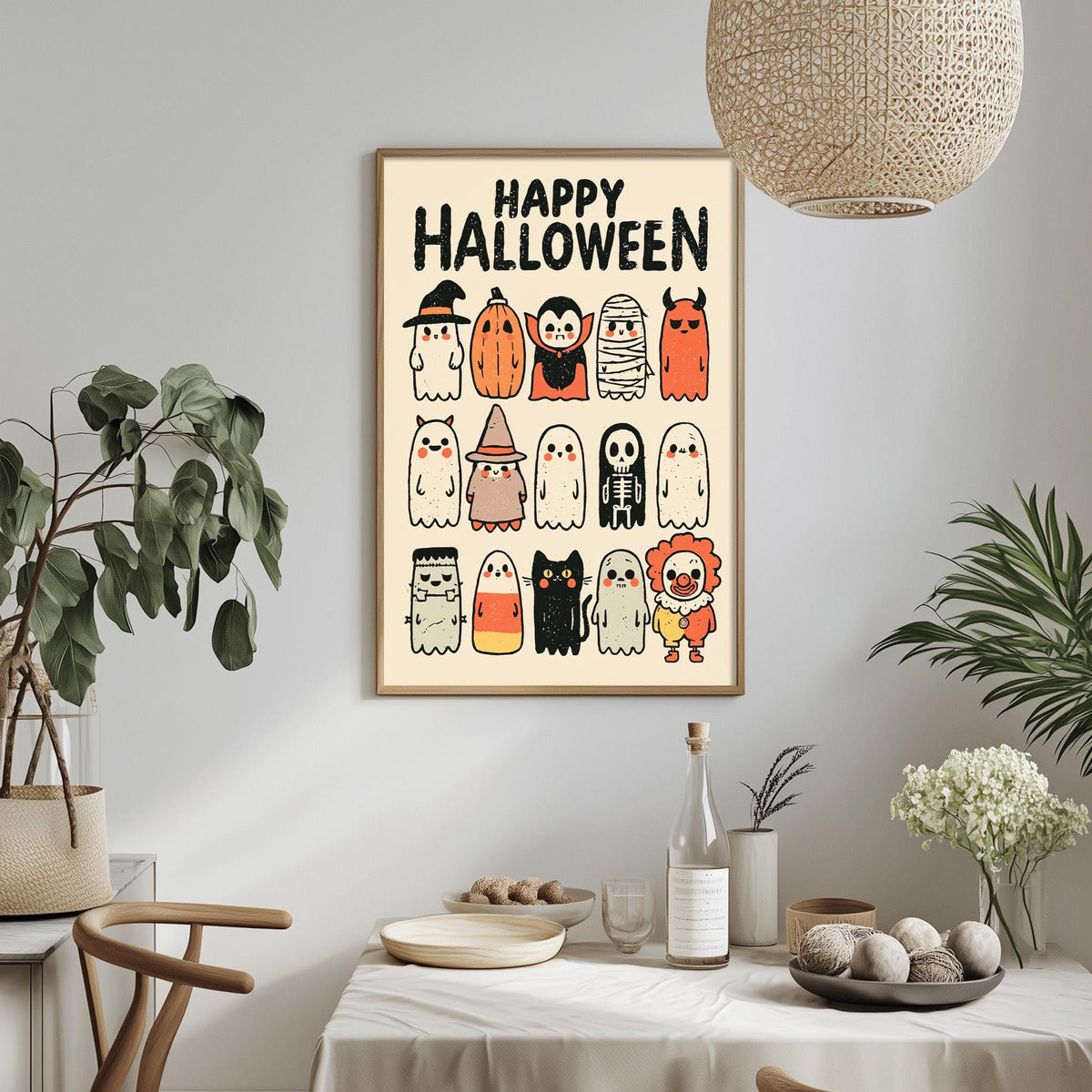 a wall-mounted poster with a Halloween theme, displaying various cartoon-style ghost characters. The poster is surrounded by a dining table with a bowl of fruit, a bottle, and a vase. The room also has potted plants and other decorative elements, creating a festive atmosphere.