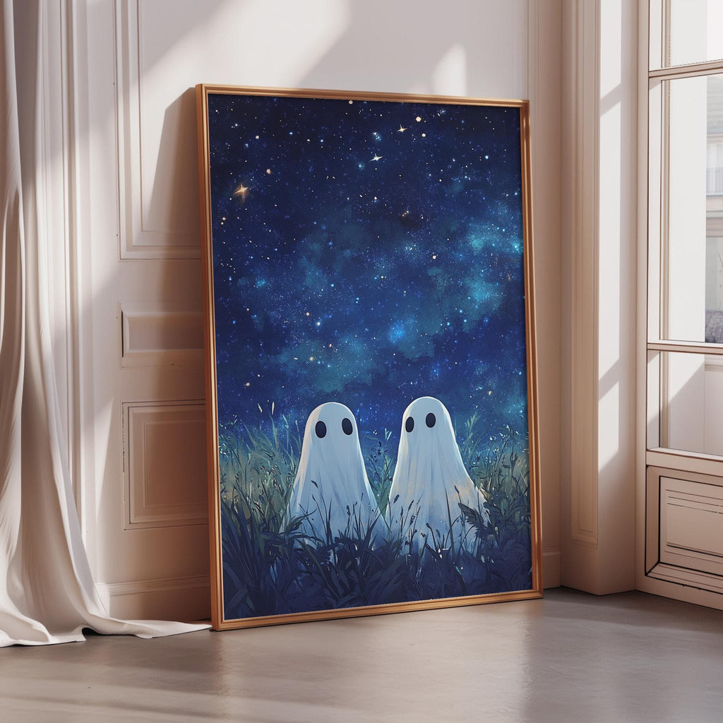 two ghostly figures sitting in a field under a starry night sky.