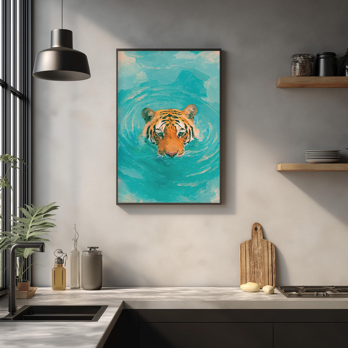 a framed painting of a tiger swimming in turquoise water, hanging on a wall above a kitchen counter with various kitchen items and decor.