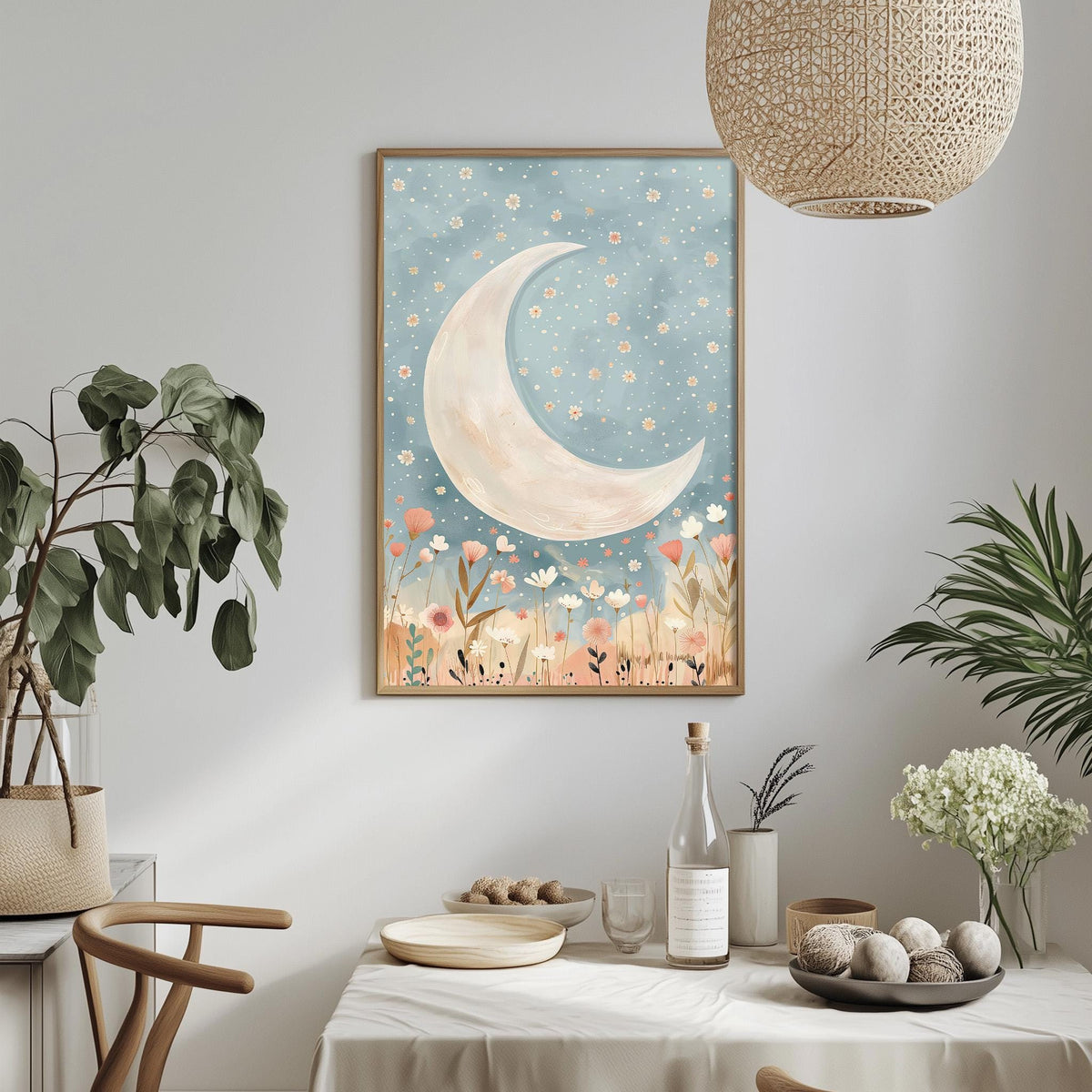 a dining table with a white tablecloth, a bowl of fruit, a bottle, and a vase with flowers. Above the table, there is a framed picture of a crescent moon and stars, and a hanging light fixture.