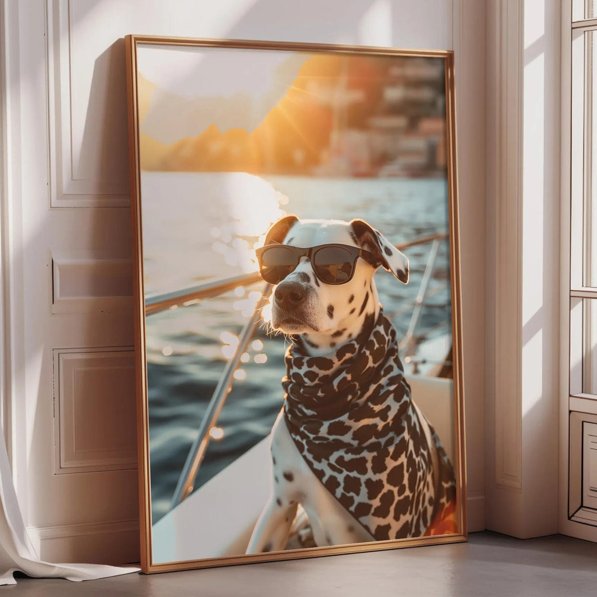 A Dalmatian dog wearing sunglasses is sitting on a boat in the ocean, as depicted in a framed photograph.