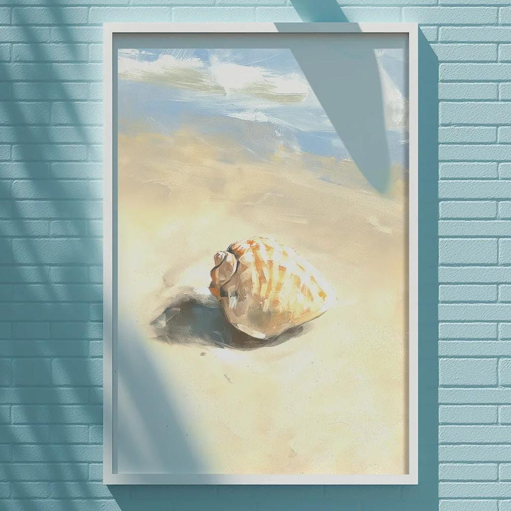a framed painting of a shell on a blue wall, with a white light fixture above it.