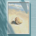 a framed painting of a shell on a blue wall, with a white light fixture above it.