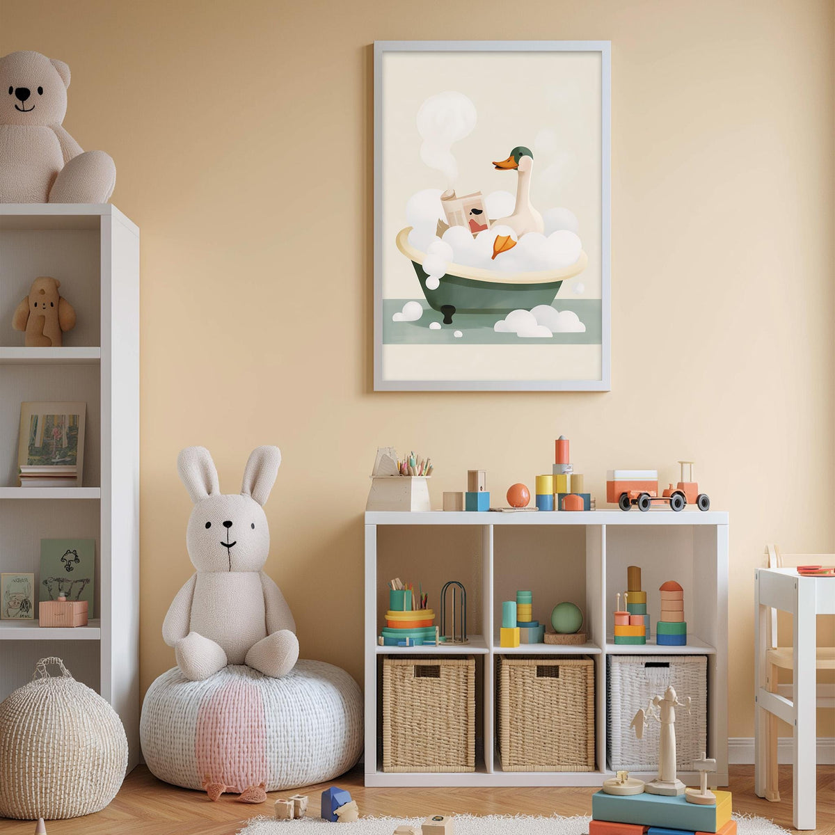 A cozy children's room with a white bookshelf, a plush rabbit, a colorful toy chest, and a framed illustration of a duck in a bathtub.