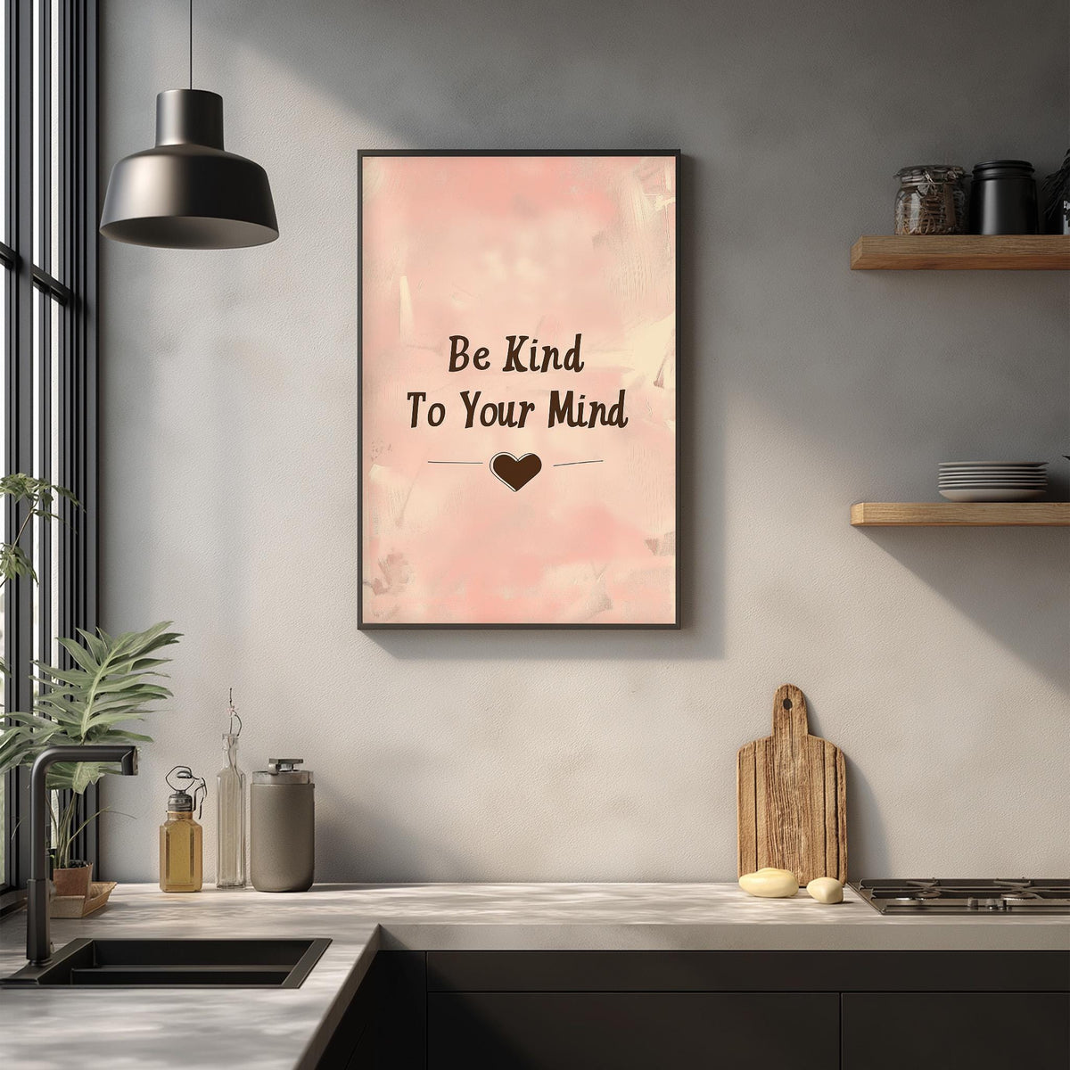 a kitchen counter with a framed poster that reads "Be Kind To Your Mind" above it. The poster has a heart symbol and the text is written in a black font. The kitchen counter also has various items such as a cutting board, a bottle, and a plant.