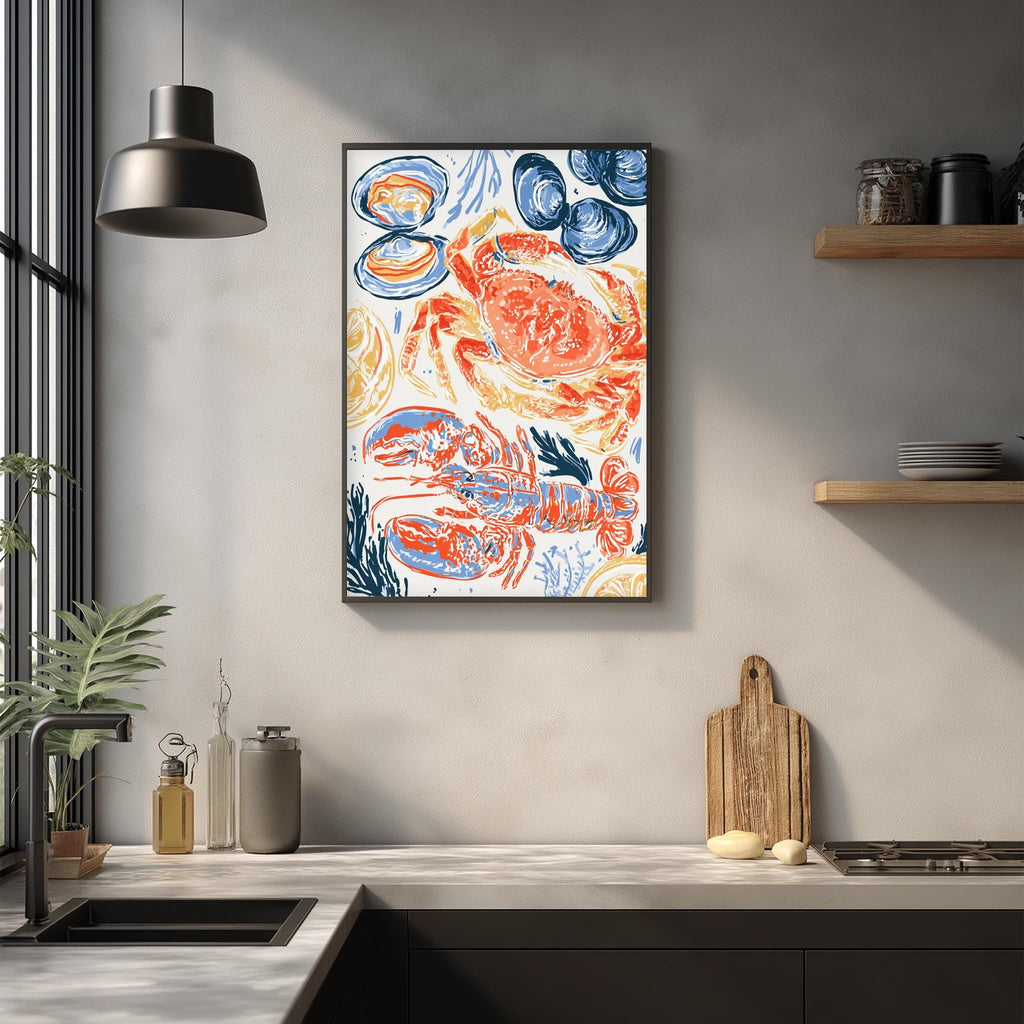 a kitchen counter with various kitchen items, including a cutting board, a bottle, and a vase. Above the counter, there is a framed artwork depicting a vibrant crab and shell design.