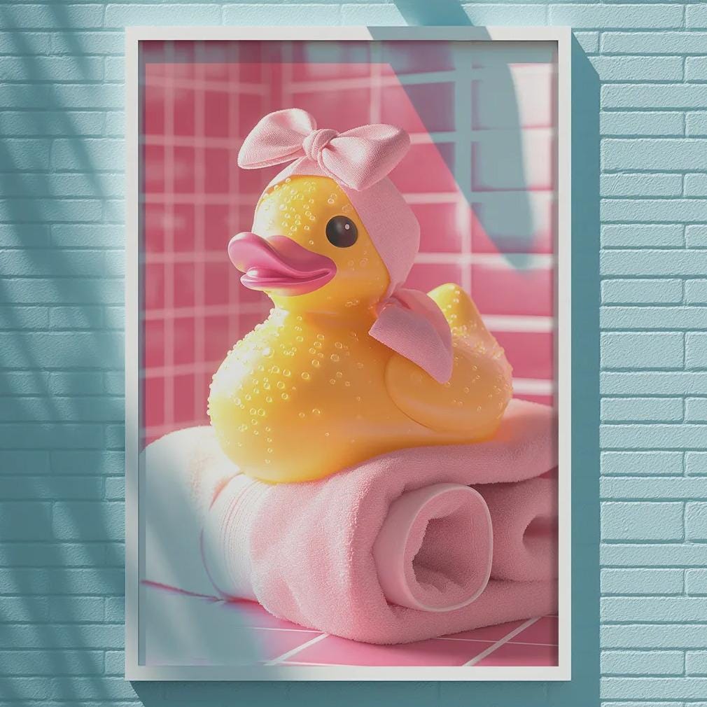 A framed image of a yellow rubber duck sitting on a pink towel is displayed on a blue wall.