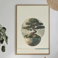 a serene indoor setting with a large framed picture of a bonsai tree on the wall, surrounded by various decorative elements such as potted plants, vases, and bowls.