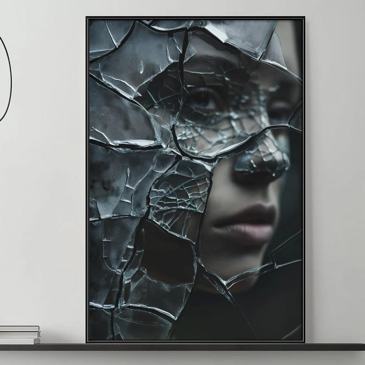 a modern living room with a gray sofa, a coffee table, and a large framed artwork depicting a cracked face on the wall above the sofa.