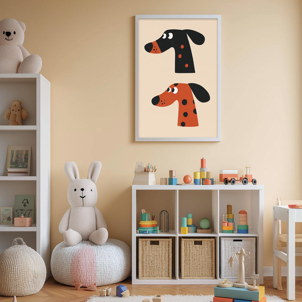 A child's bedroom with a white bookshelf, a stuffed rabbit, a framed picture of two cartoon dogs, and a toy train set.