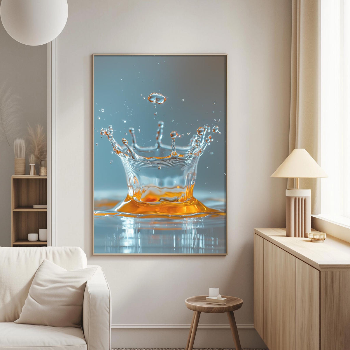 a large framed photograph of a splash of orange liquid, possibly orange juice, on a white wall.