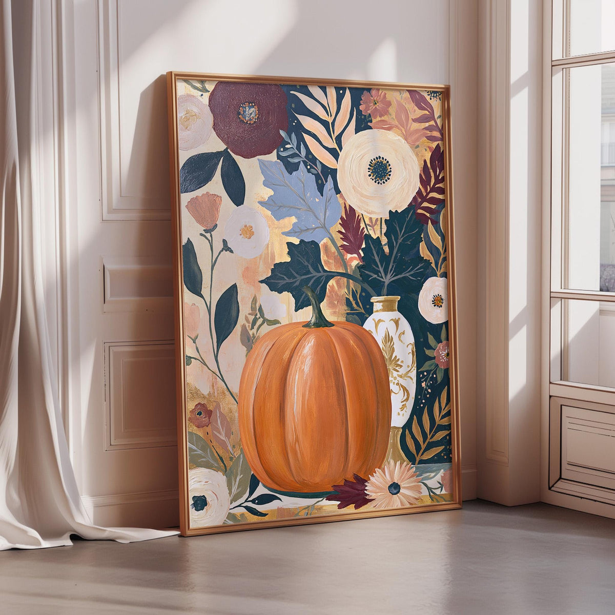 a large framed painting of a pumpkin surrounded by a variety of colorful flowers and leaves, creating a vibrant and festive autumn scene.