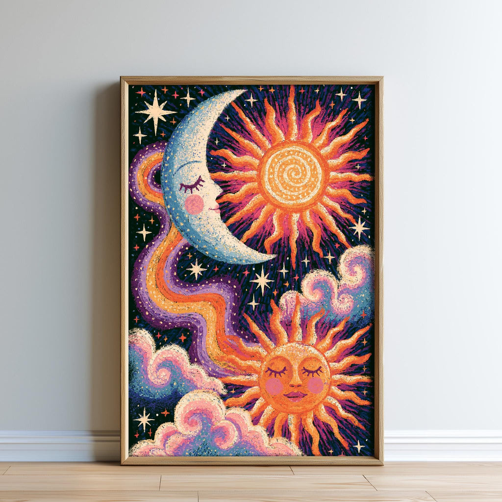 The image is a framed poster featuring a vibrant and whimsical depiction of a crescent moon, sun, and clouds against a starry night sky background.