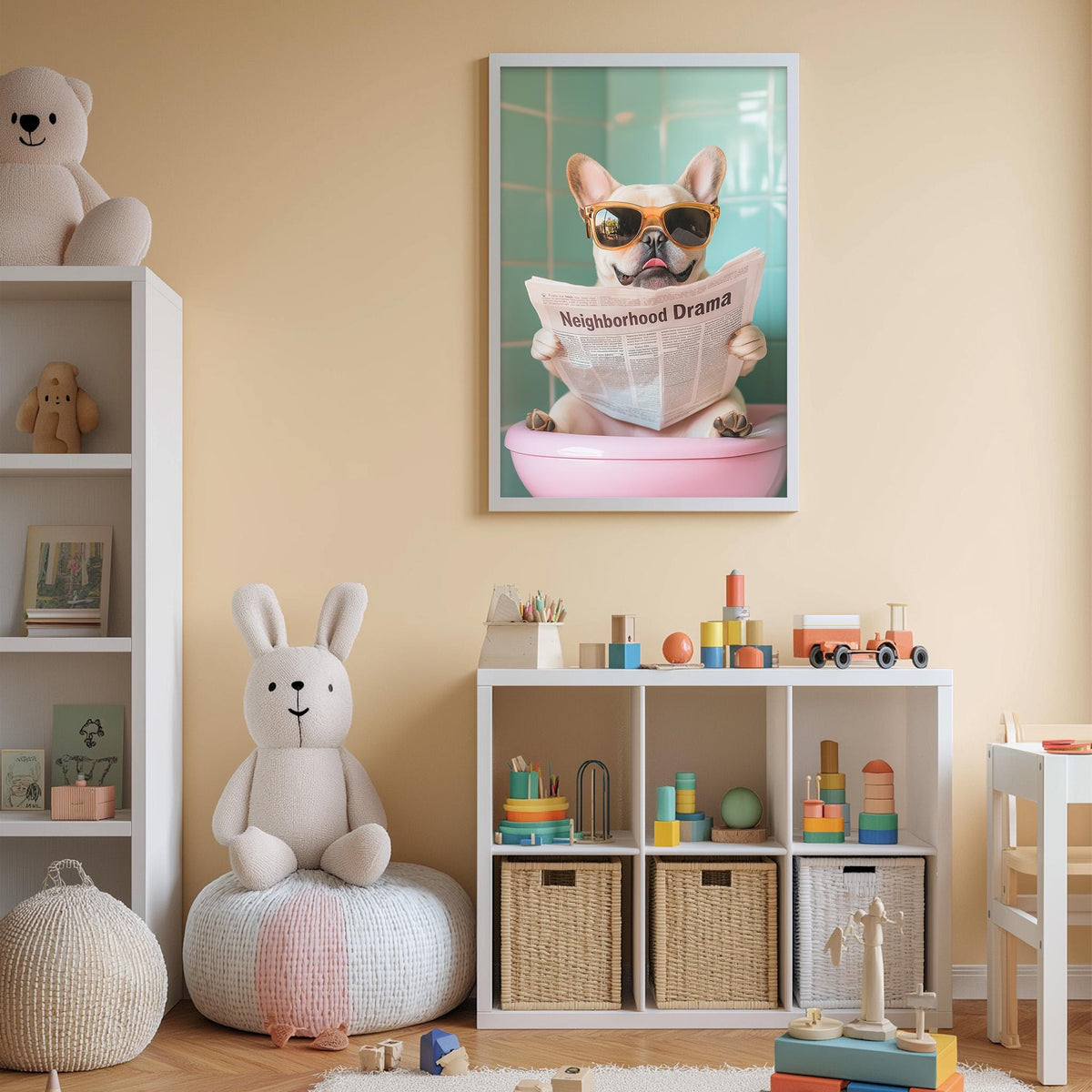 A child's bedroom with a white bookshelf, a stuffed rabbit, and a framed poster of a dog reading a newspaper.
