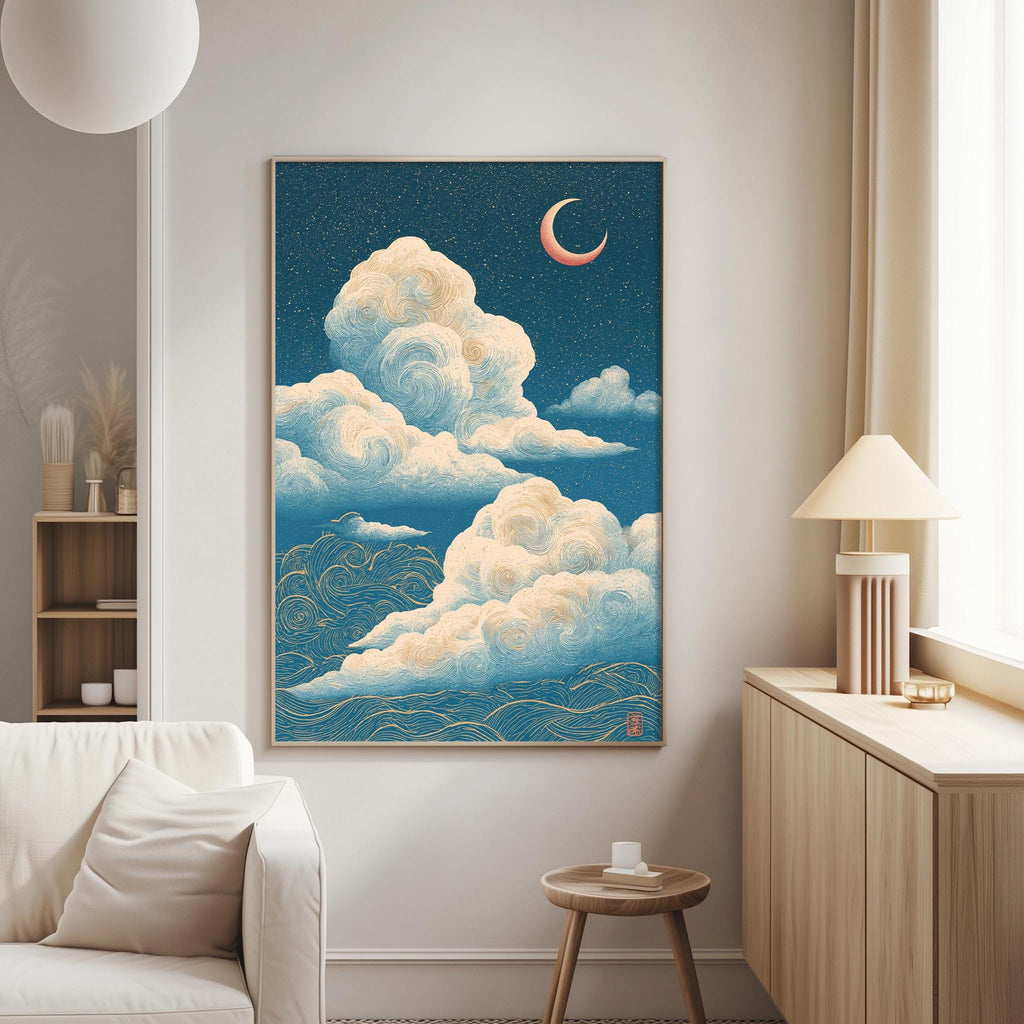 a large framed painting of a night sky with clouds and a crescent moon hanging on a wall in a living room.