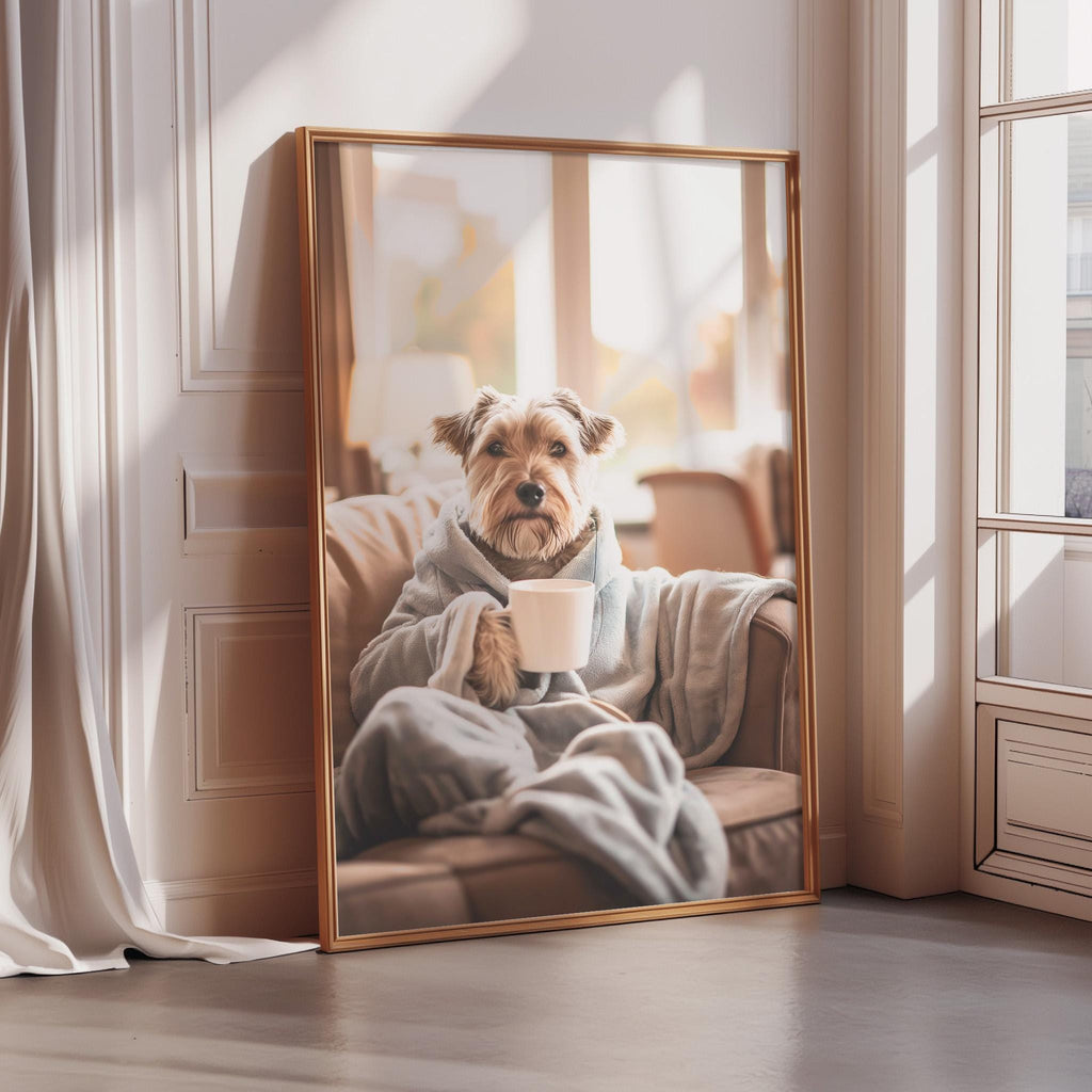A dog wearing a robe and holding a cup is reflected in a mirror in a bright, sunlit room.
