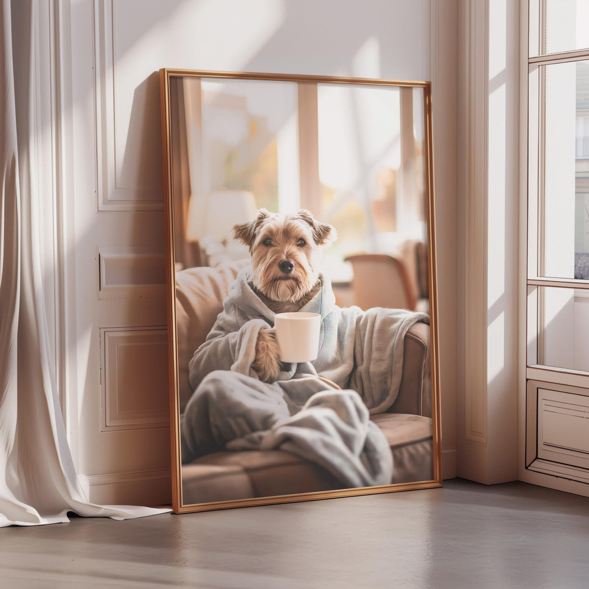 A dog wearing a robe and holding a cup is reflected in a mirror in a bright, sunlit room.