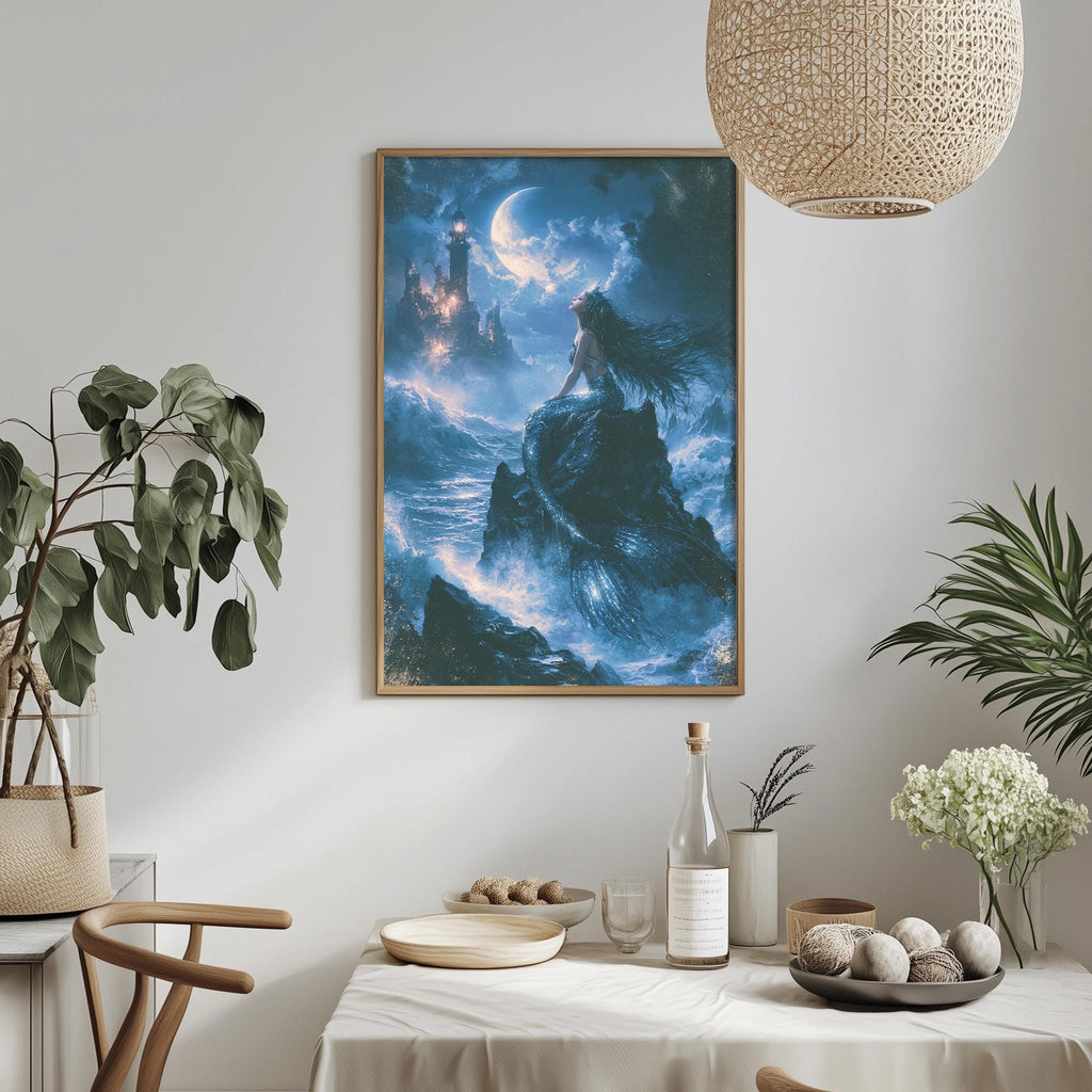 a serene and fantastical scene with a mermaid-like figure floating on a wave-covered mountain under a moonlit sky. The mermaid is surrounded by a castle-like structure, and the scene is set against a backdrop of a starry night sky. The table is adorned with various items, including a bottle, a bowl, and a vase, creating a cozy and inviting atmosphere.