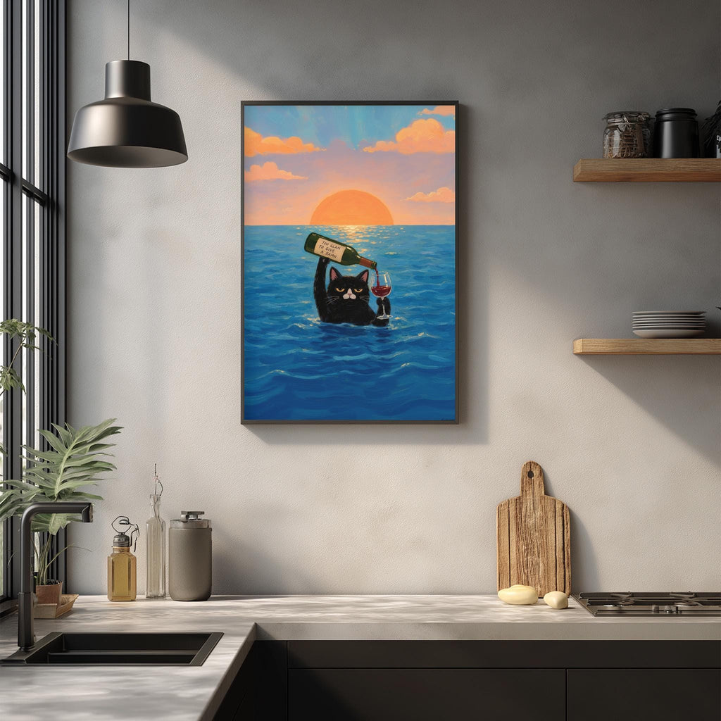 a kitchen scene with a framed painting of a cat holding a bottle of wine and floating in a blue ocean at sunset.