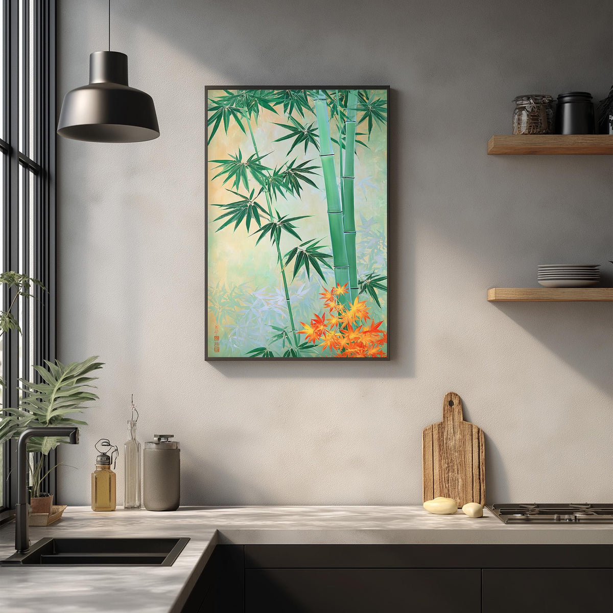 a kitchen counter with a framed painting of bamboo leaves and flowers hanging above it. The painting has a vibrant green color and a warm orange hue, creating a lively and natural atmosphere in the kitchen.