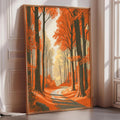 A framed painting depicting a serene forest scene with a winding path surrounded by tall trees with orange leaves.