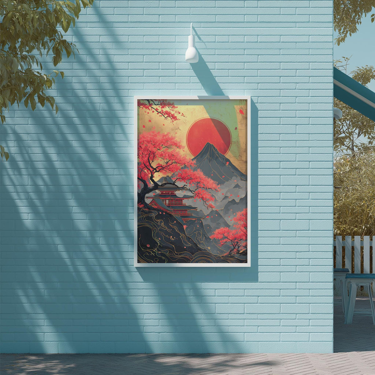 a vibrant painting of a serene landscape with a temple, mountains, and a red sun in the sky, all set against a backdrop of pink and green foliage.