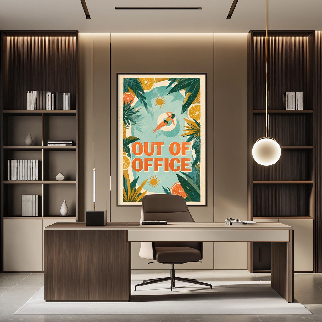 a modern office space with a desk, chair, and bookshelves. A large poster on the wall says "OUT OF OFFICE".