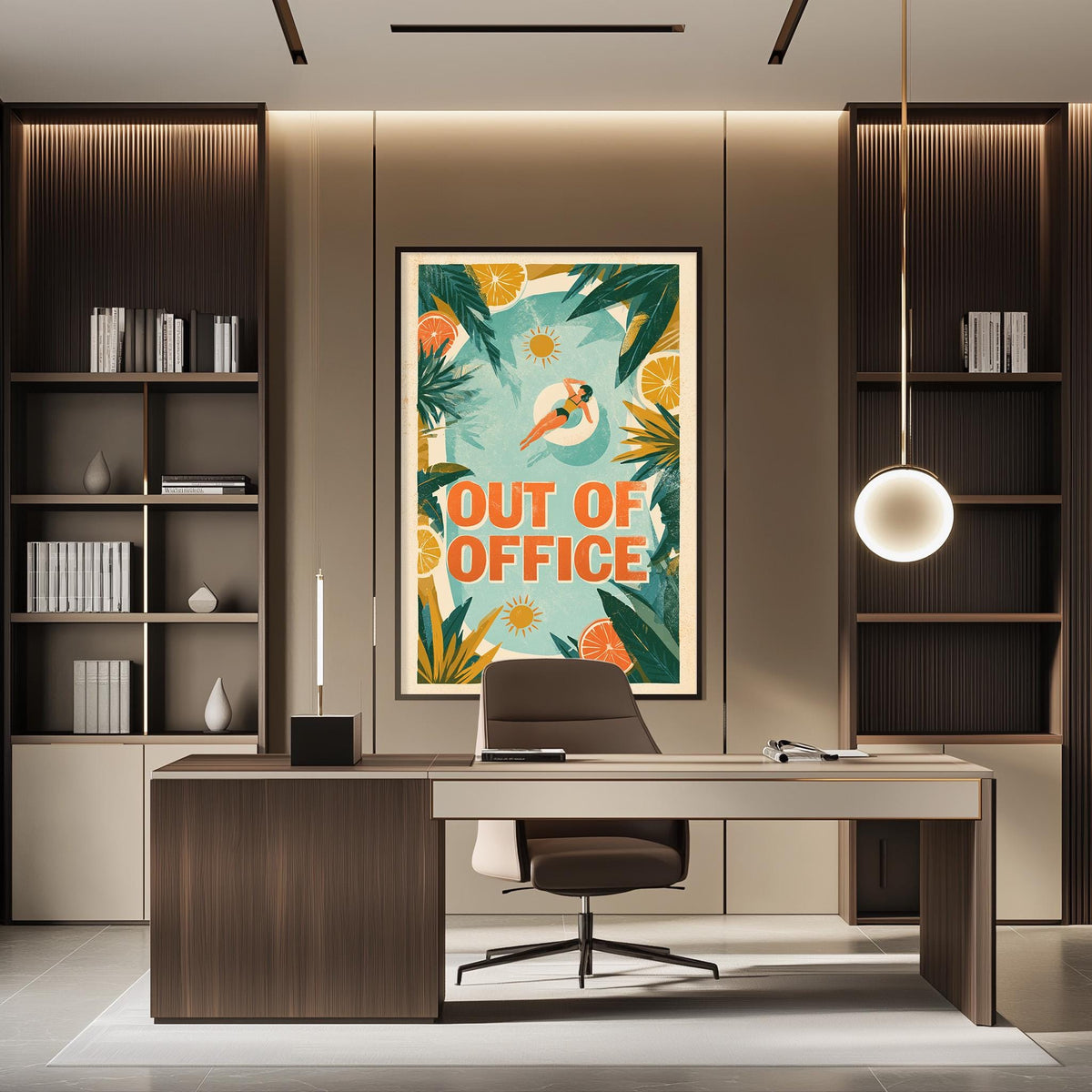 a modern office space with a desk, chair, and bookshelves. A large poster on the wall says "OUT OF OFFICE".