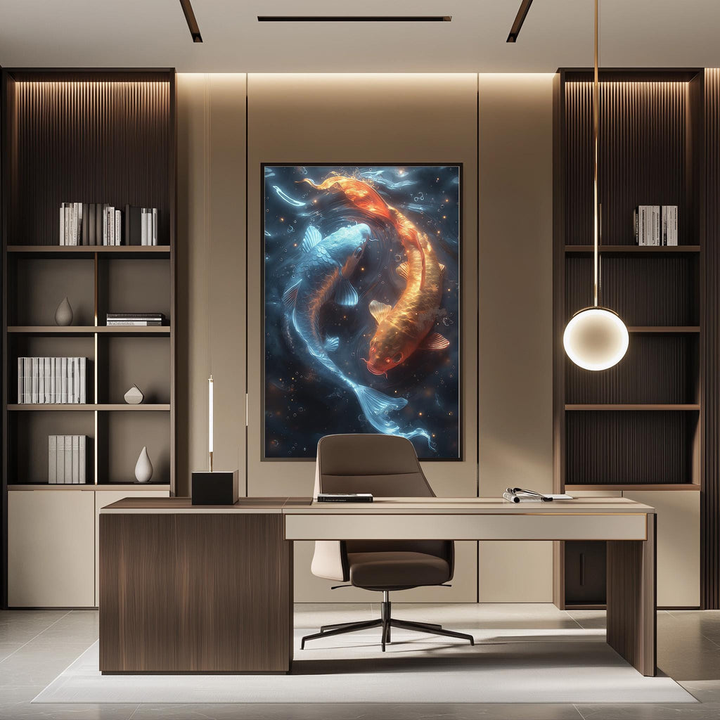 a modern office space with a large, vibrant painting of two fish swimming in a blue and orange underwater scene as the focal point. The office features a wooden desk, a comfortable chair, and a bookshelf filled with books and decorative items.