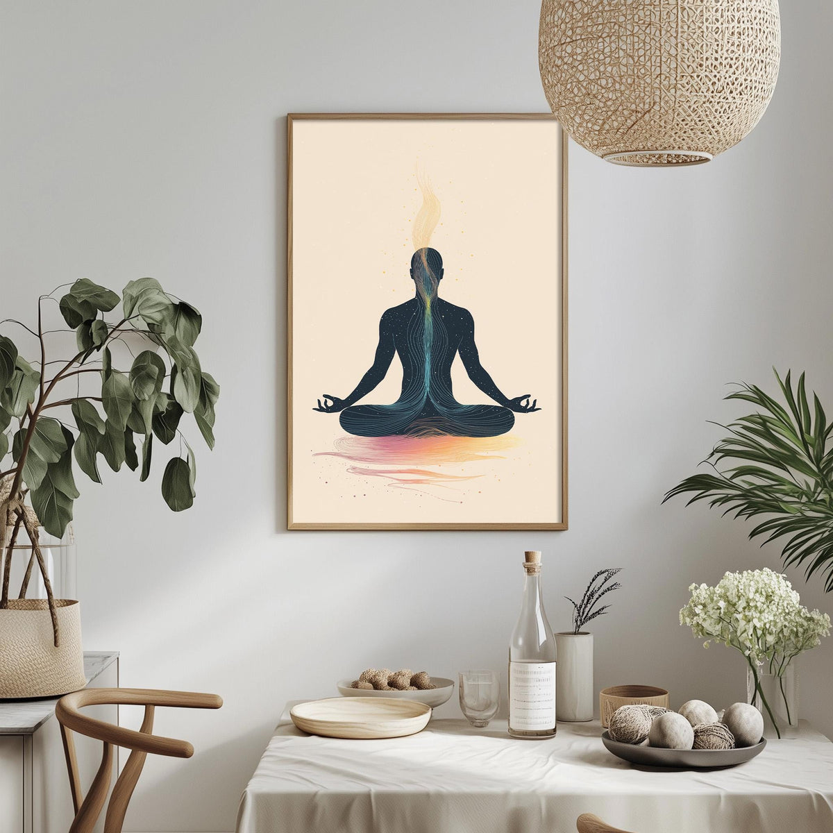 a serene indoor setting with a framed illustration of a person in a meditative pose, surrounded by plants and a table with various items on it.