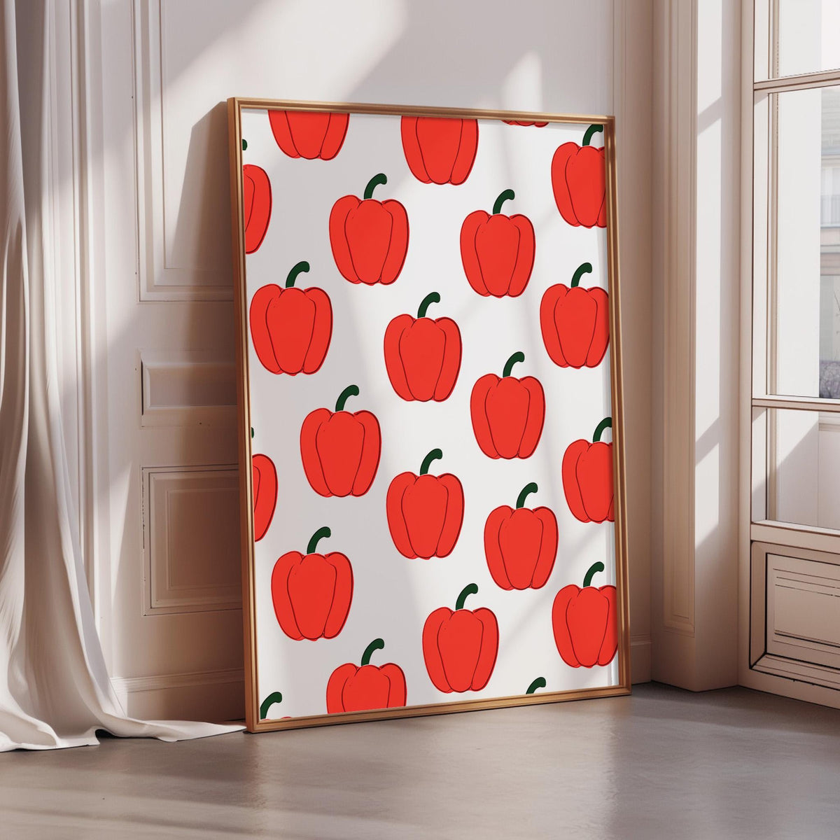 a large framed poster with a repeating pattern of red peppers on a white background.