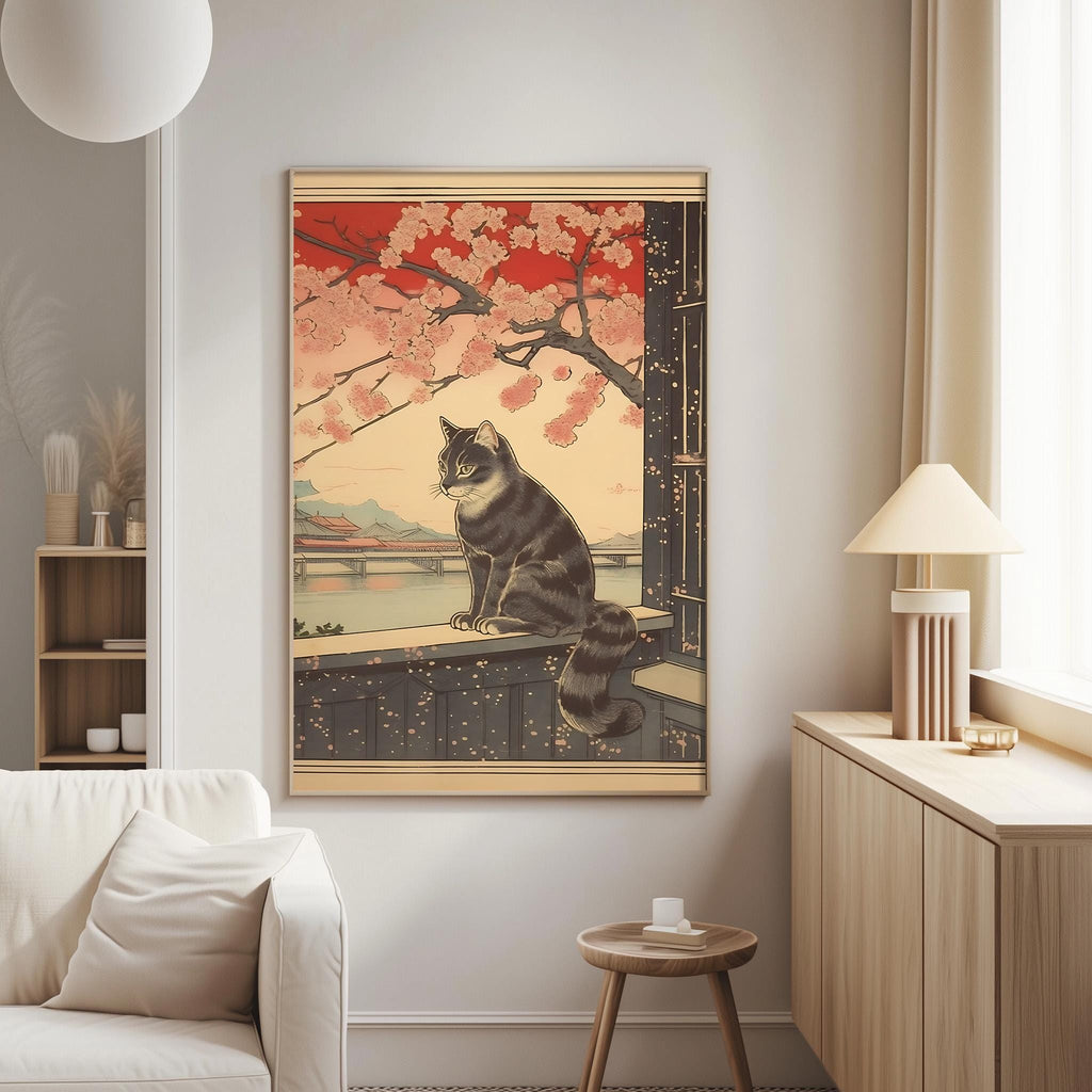 a large framed painting of a cat sitting on a ledge, with a cherry blossom tree in the background. The painting is hanging on a wall in a living room setting.