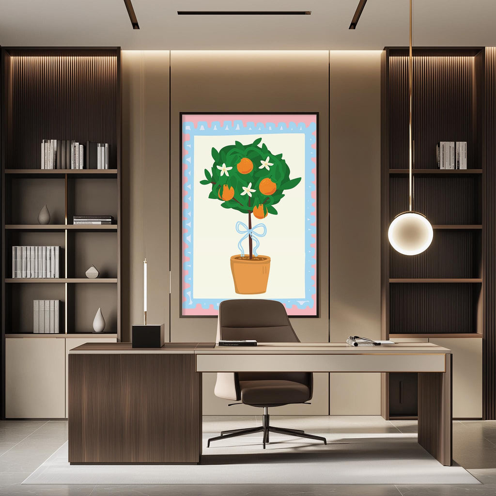 a modern office space with a large potted plant on the desk, a comfortable chair, and a desk lamp.