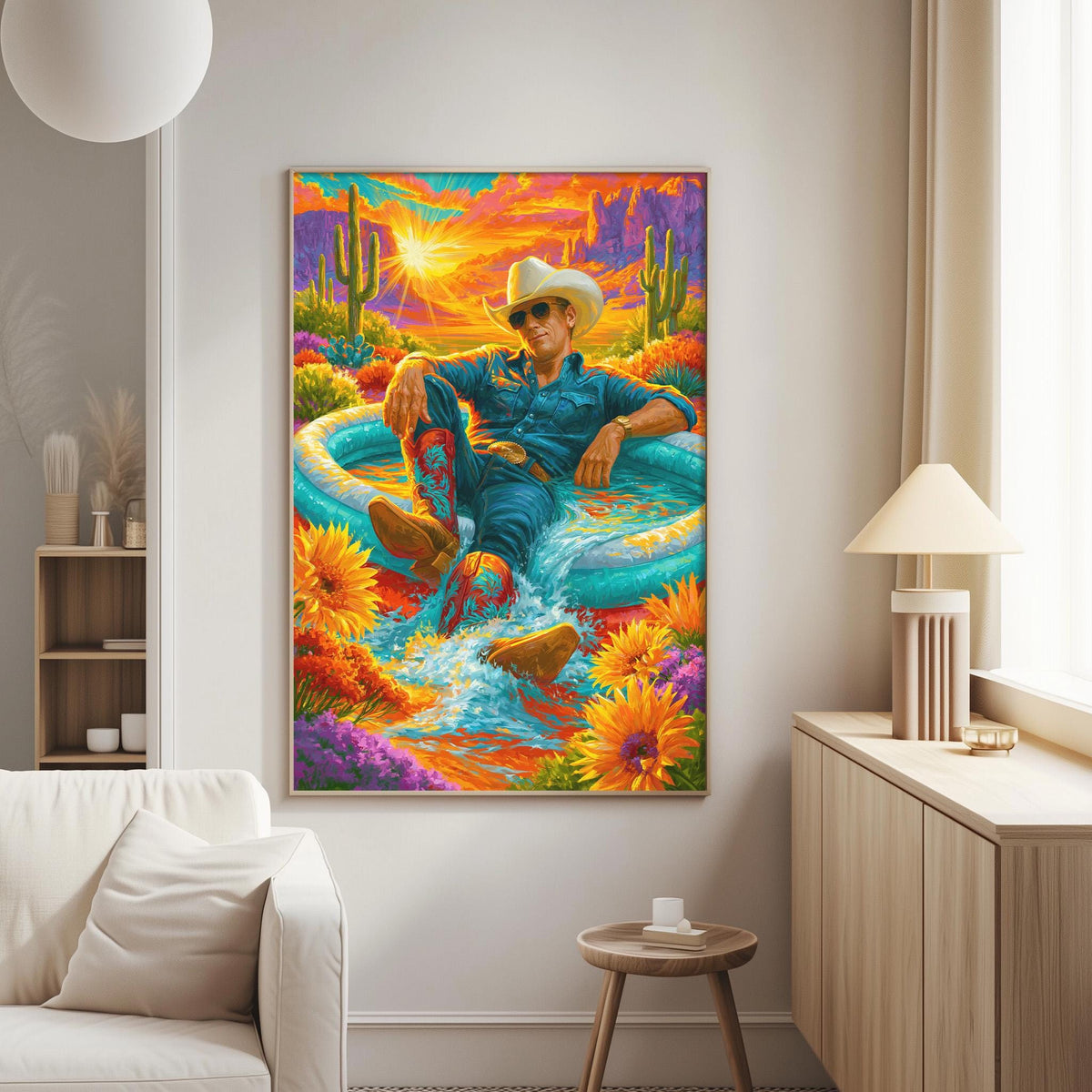 a vibrant painting of a man sitting in a blue inflatable pool, surrounded by a desert landscape with cacti, flowers, and a sunset.