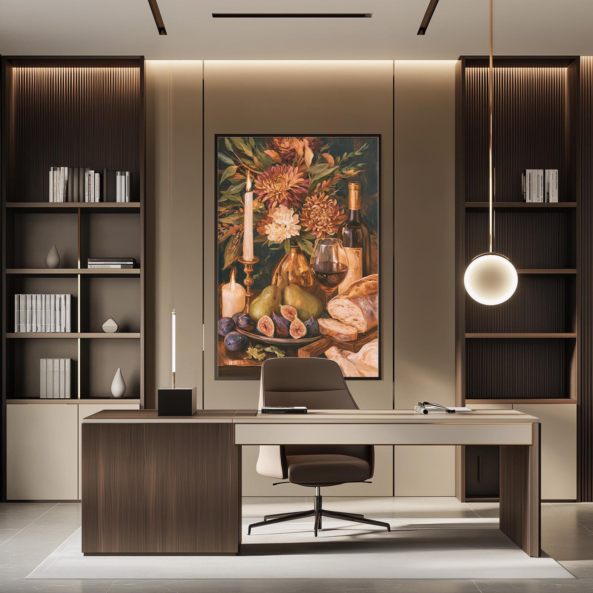 a modern and well-lit office space with a large painting of fruits and flowers on the wall, a wooden desk with a chair, and built-in bookshelves.
