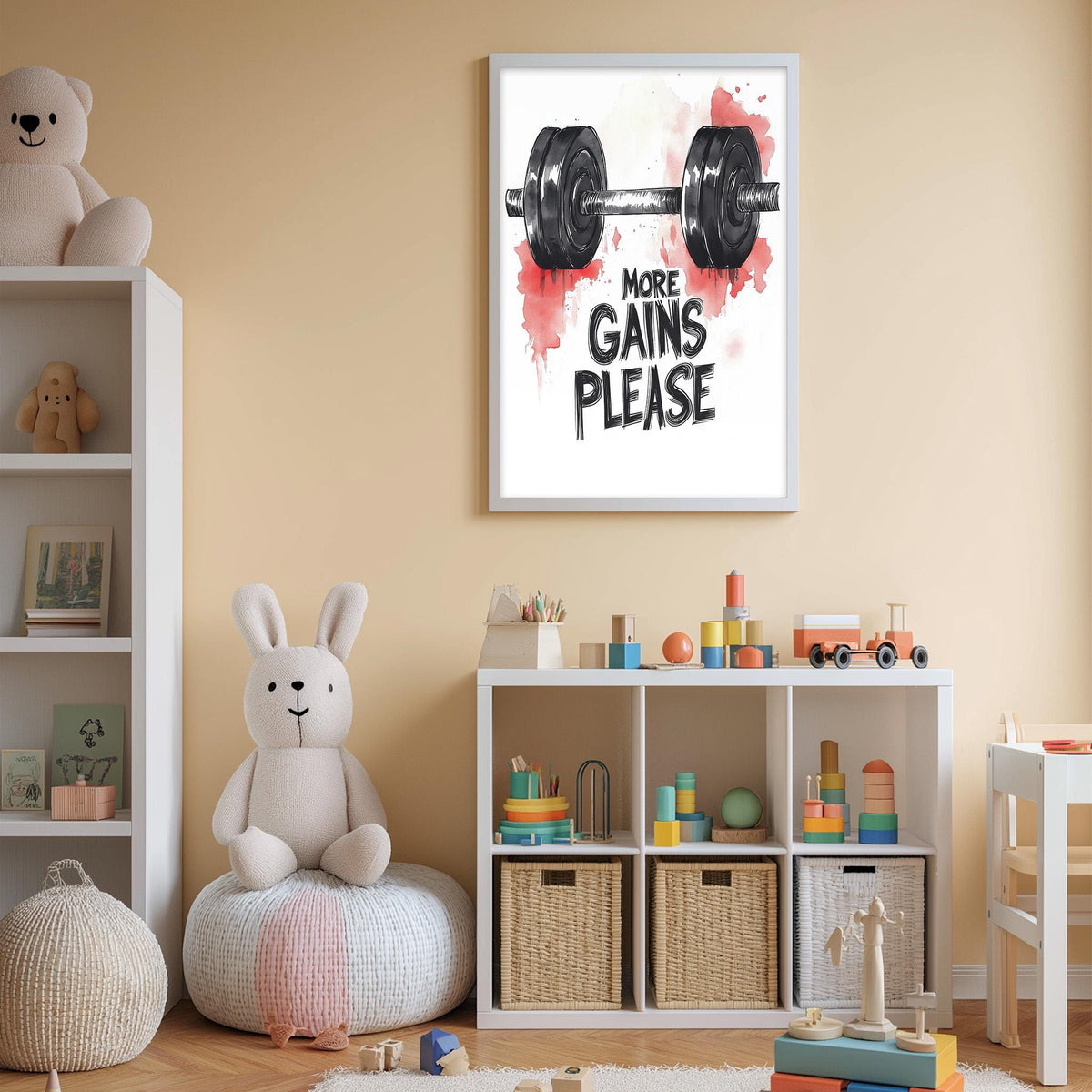 a child's bedroom with a teddy bear, a shelf with toys, and a framed poster with a weightlifting graphic and the text "MORE GAINS PLEASE".