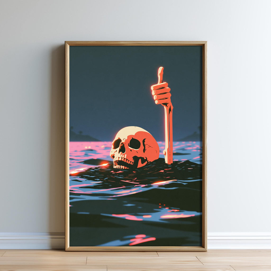 a skull submerged in water, with a red stick protruding from its head.