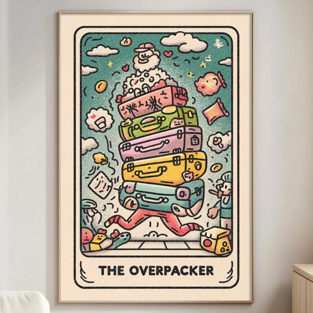 a colorful and whimsical illustration of a character named "The Overpacker" surrounded by various objects, including suitcases, a backpack, and a suitcase.