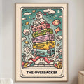 a colorful and whimsical illustration of a character named "The Overpacker" surrounded by various objects, including suitcases, a backpack, and a suitcase.