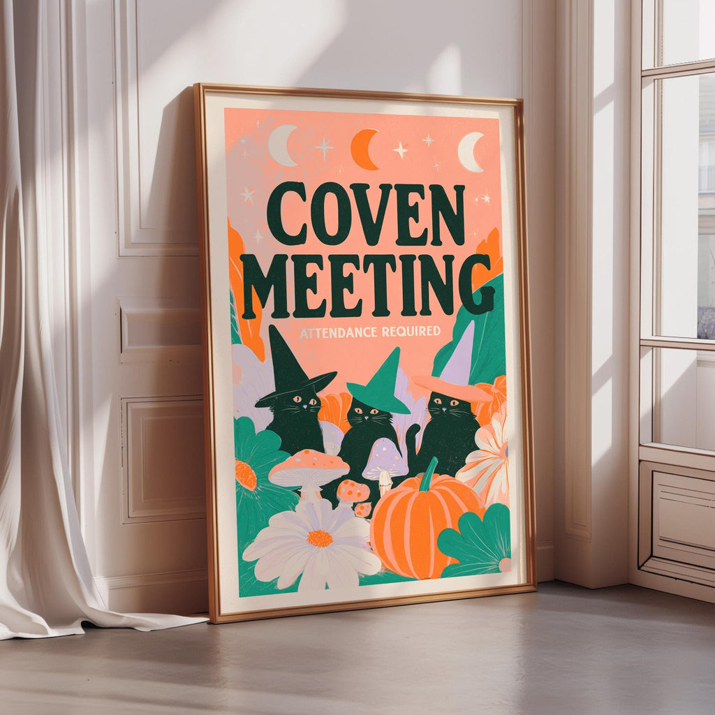 The image is a poster with a Halloween theme, featuring a cat wearing a witch's hat and surrounded by various Halloween-themed elements such as mushrooms, pumpkins, and flowers.