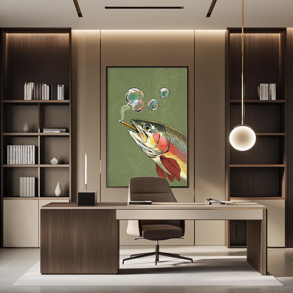 a modern office space with a large fish painting on the wall, a desk with a chair, and a bookshelf filled with books.