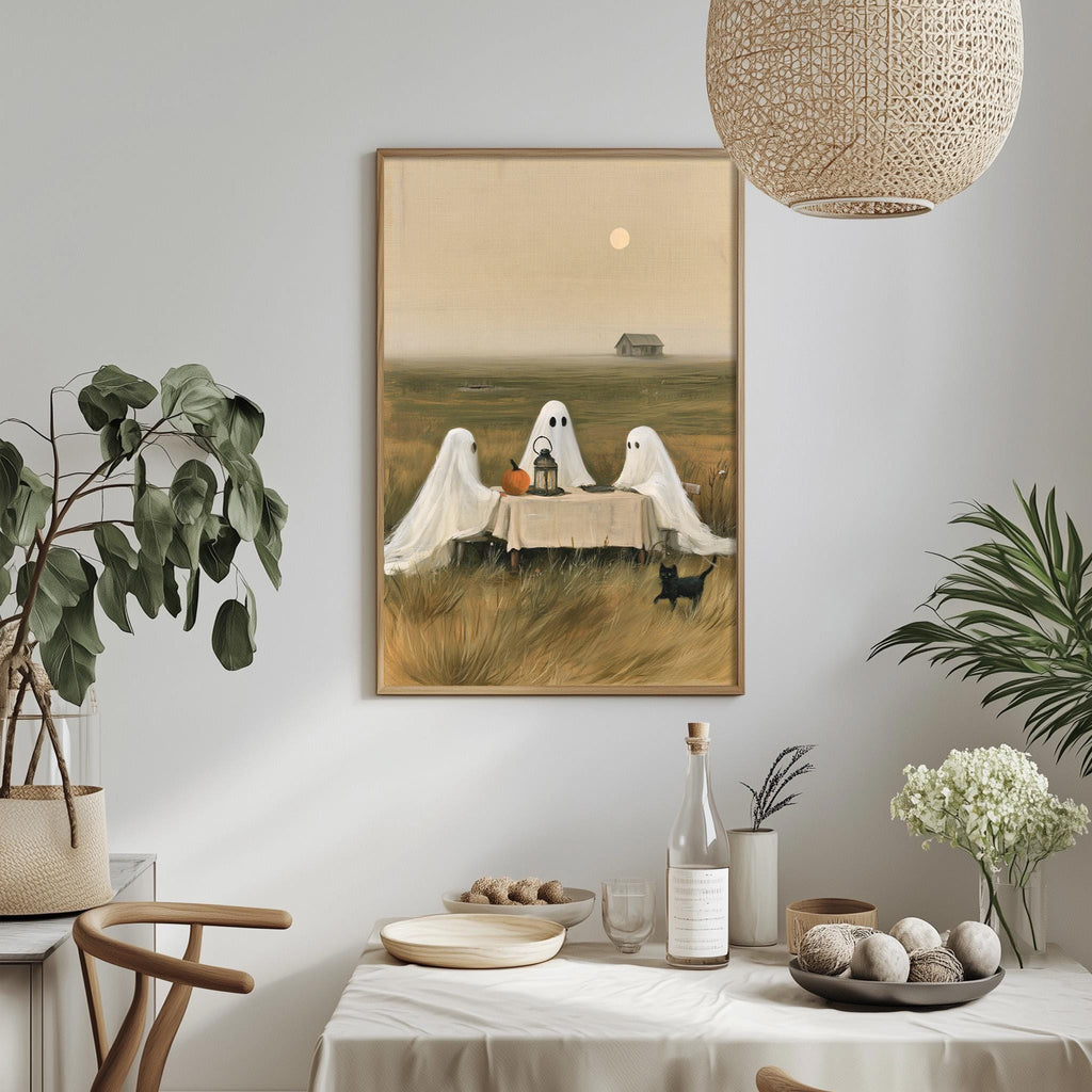 a cozy dining scene with a table set for three, featuring a tablecloth, plates, bowls, and a bottle of wine. Three ghostly figures are seated at the table, adding a whimsical touch to the scene. The table is adorned with potted plants and other decorative items, creating a warm and inviting atmosphere.