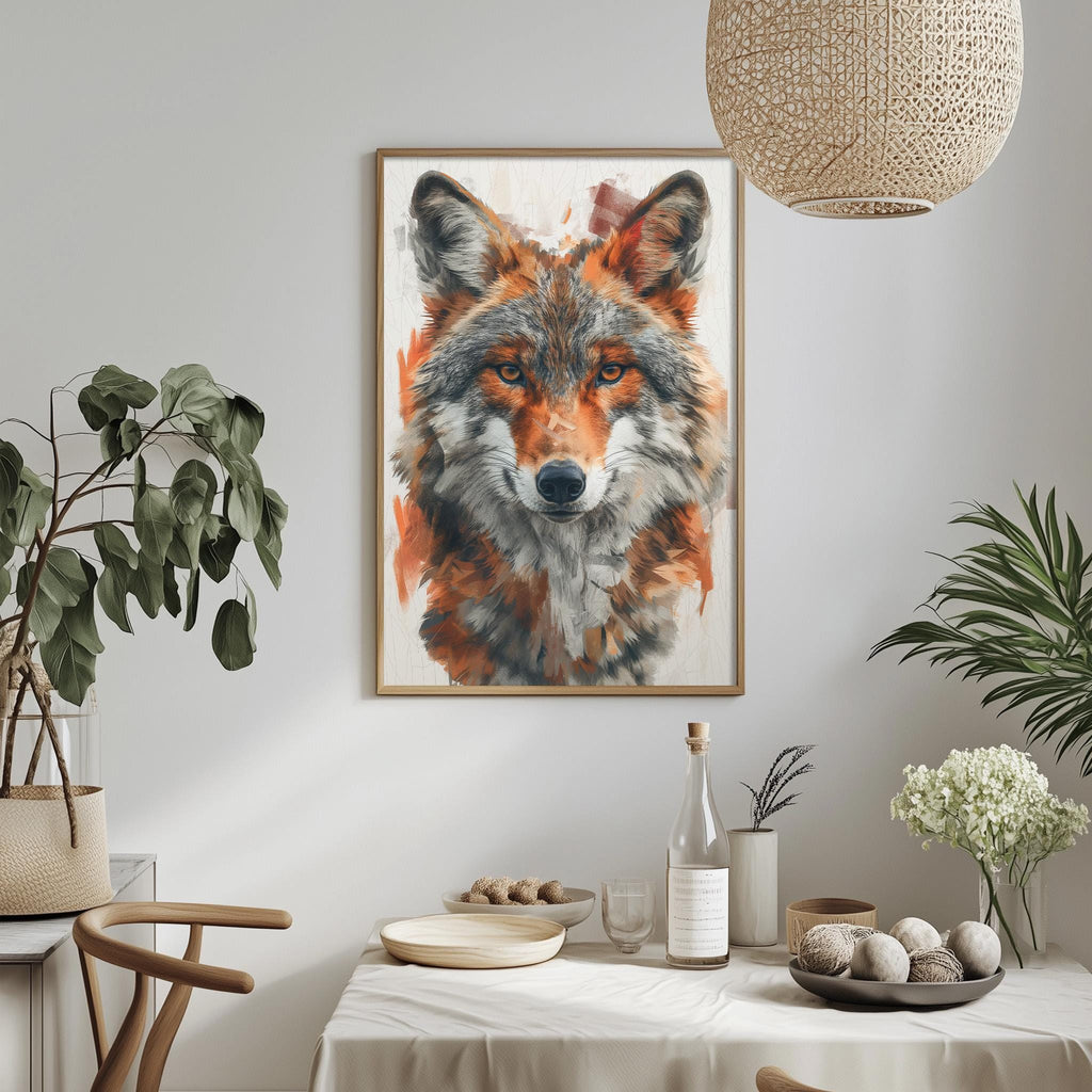 a framed painting of a wolf's face hanging on a wall, with a dining table and chairs in the foreground.