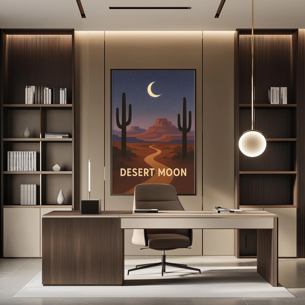 a modern office space with a large framed poster of a desert landscape on the wall, a desk with a chair, and built-in bookshelves.