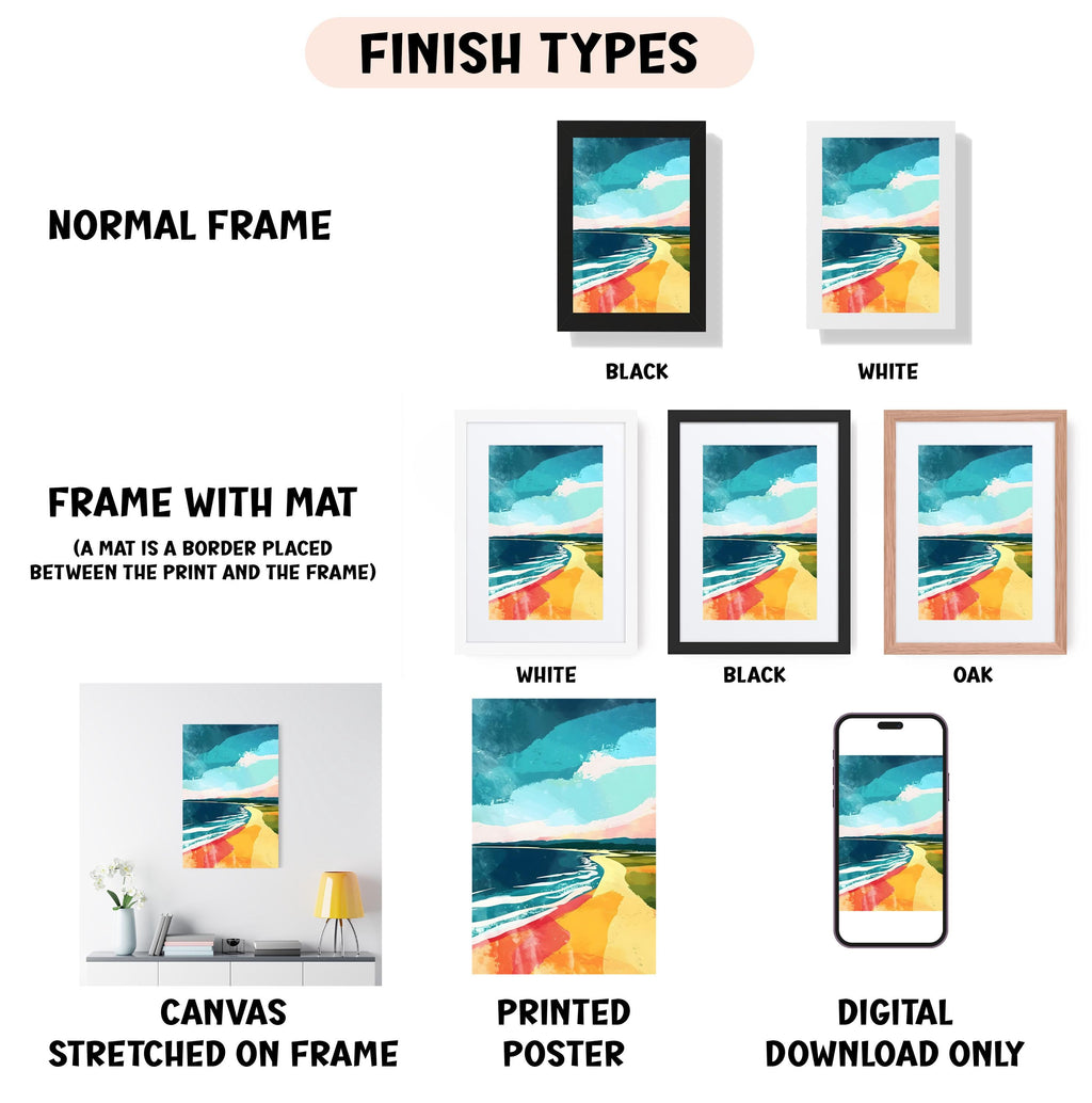 various types of artwork, including a canvas stretched on a frame, a framed poster, and a digital poster. The artwork is presented in different frame colors, such as black, white, and orange. The image also includes a description of the artwork, including the words "NORMAL FRAME", "FRAME WITH MAT (A MAT IS A BORDER PLACED BETWEEN THE PRINT AND THE FRAME)", "CANVAS STRETCHED ON FRAME", "PRINTED POSTER", and "DIGITAL DOWNLOAD ONLY".