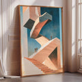 a large, abstract painting of a staircase with a geometric design in shades of blue, orange, and white.