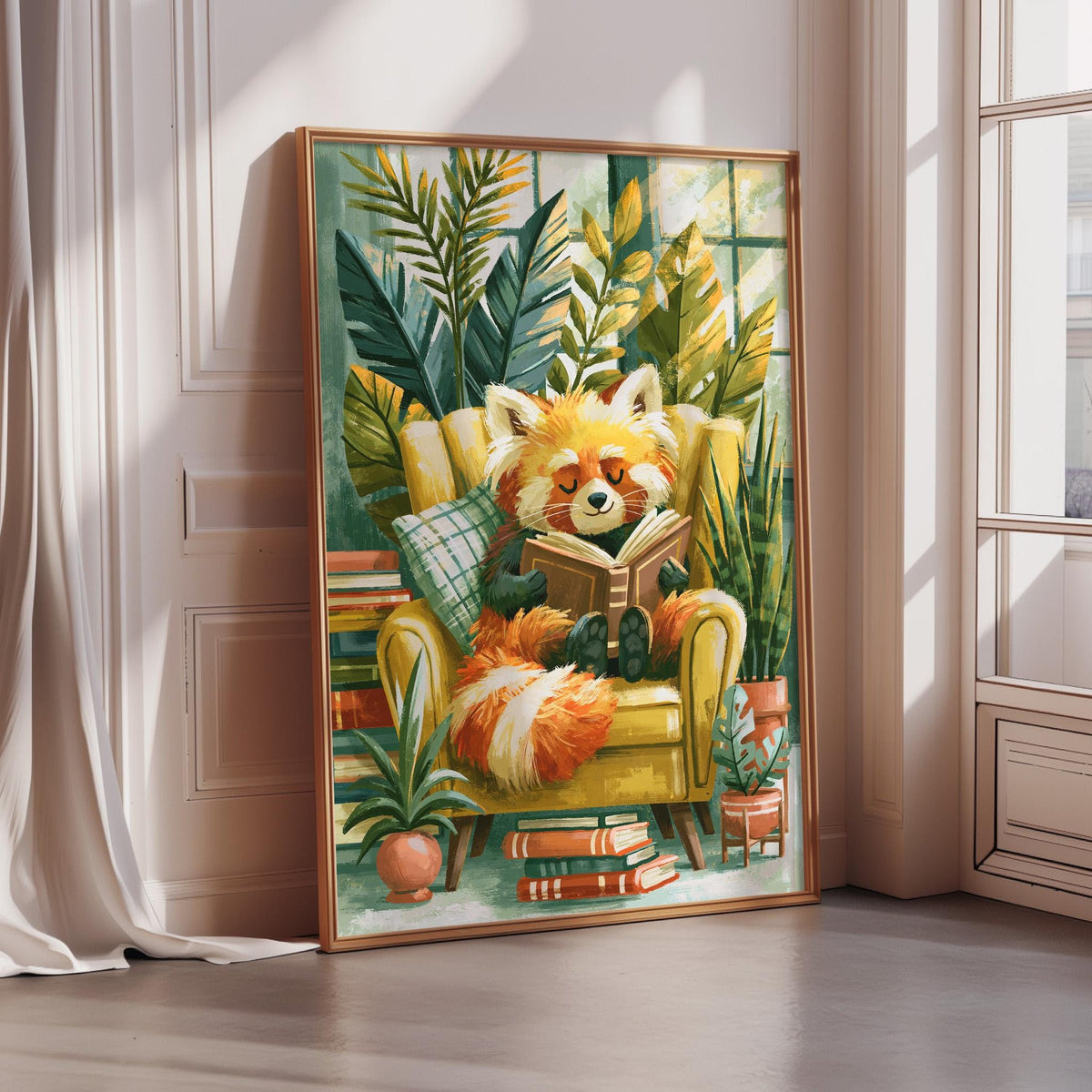 A framed painting depicting a red panda sitting in a yellow armchair, reading a book, surrounded by tropical plants and flowers.